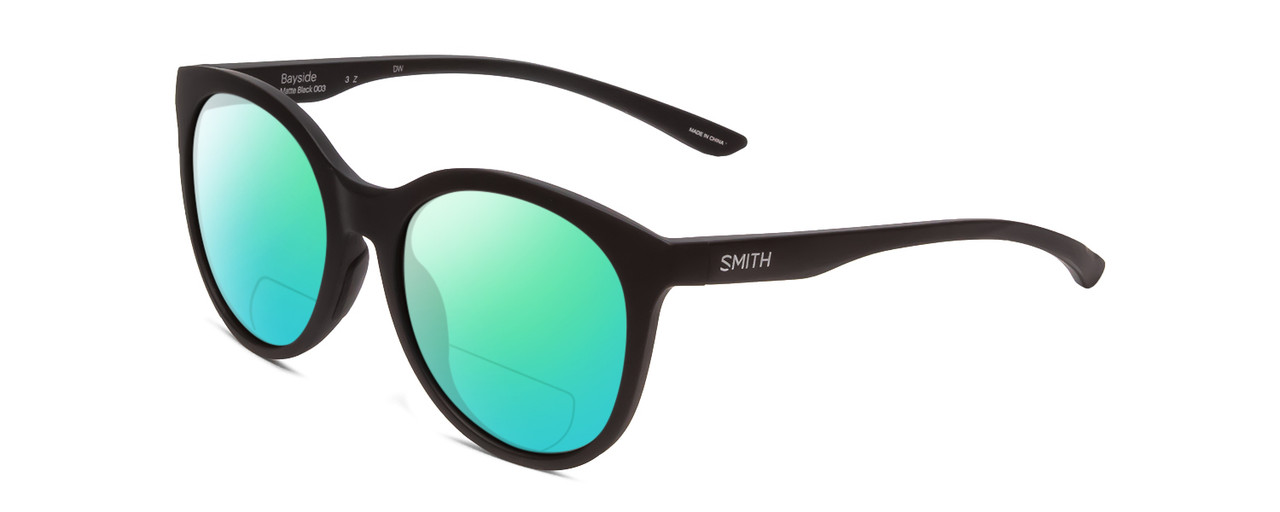 Profile View of Smith Optics Bayside Designer Polarized Reading Sunglasses with Custom Cut Powered Green Mirror Lenses in Matte Black Unisex Cateye Full Rim Acetate 54 mm