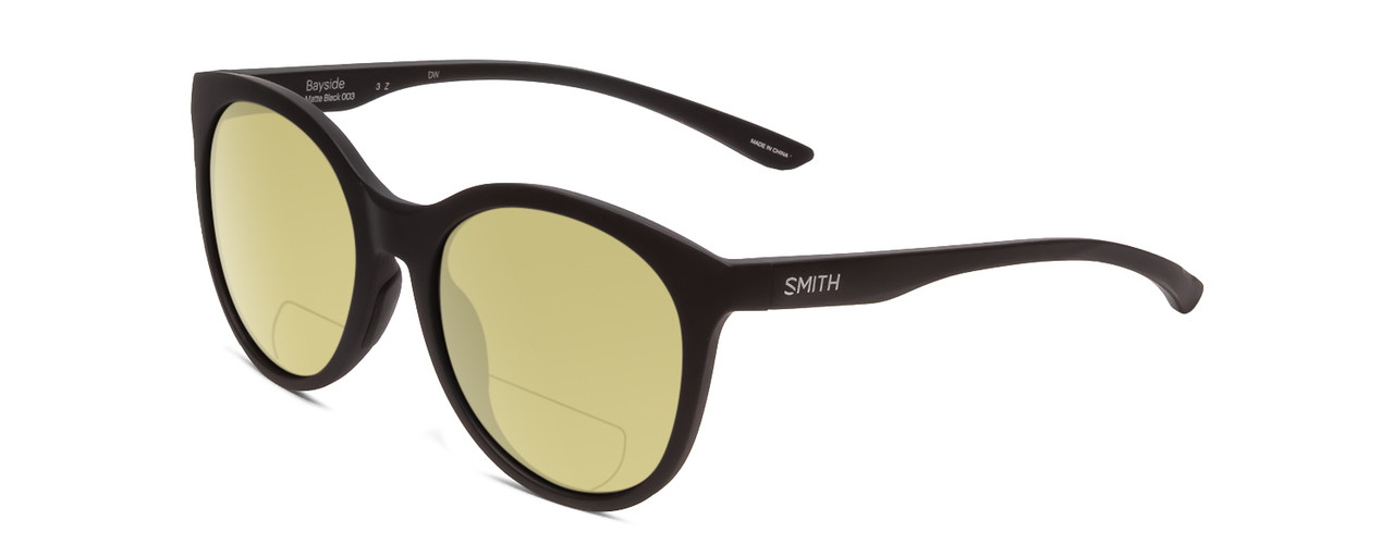 Profile View of Smith Optics Bayside Designer Polarized Reading Sunglasses with Custom Cut Powered Sun Flower Yellow Lenses in Matte Black Unisex Cateye Full Rim Acetate 54 mm