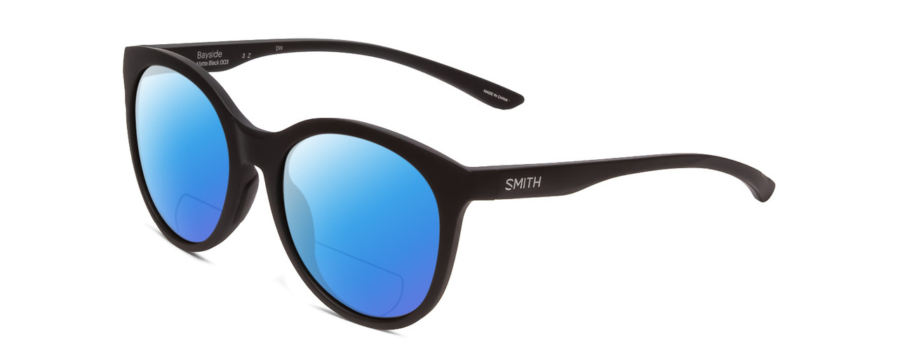 Profile View of Smith Optics Bayside Designer Polarized Reading Sunglasses with Custom Cut Powered Blue Mirror Lenses in Matte Black Unisex Cateye Full Rim Acetate 54 mm