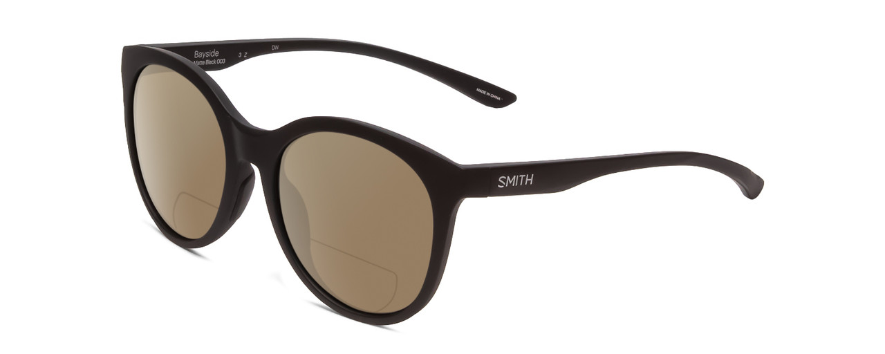 Profile View of Smith Optics Bayside Designer Polarized Reading Sunglasses with Custom Cut Powered Amber Brown Lenses in Matte Black Unisex Cateye Full Rim Acetate 54 mm