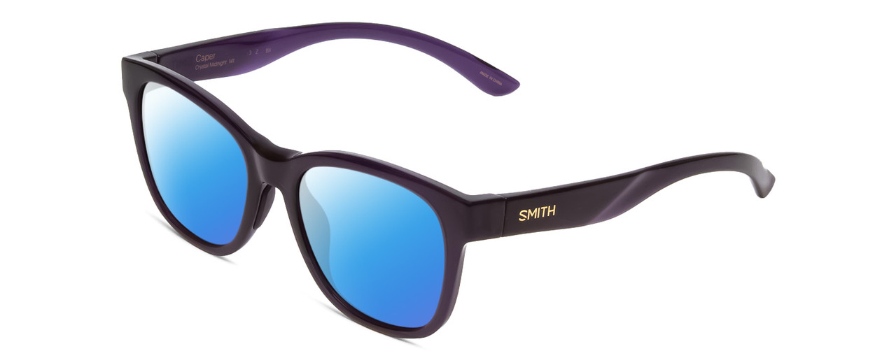 Profile View of Smith Optics Caper Designer Polarized Sunglasses with Custom Cut Blue Mirror Lenses in Crystal Midnight Black Purple Ladies Cateye Full Rim Acetate 53 mm