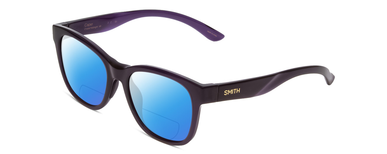 Profile View of Smith Optics Caper Designer Polarized Reading Sunglasses with Custom Cut Powered Blue Mirror Lenses in Crystal Midnight Black Purple Ladies Cateye Full Rim Acetate 53 mm