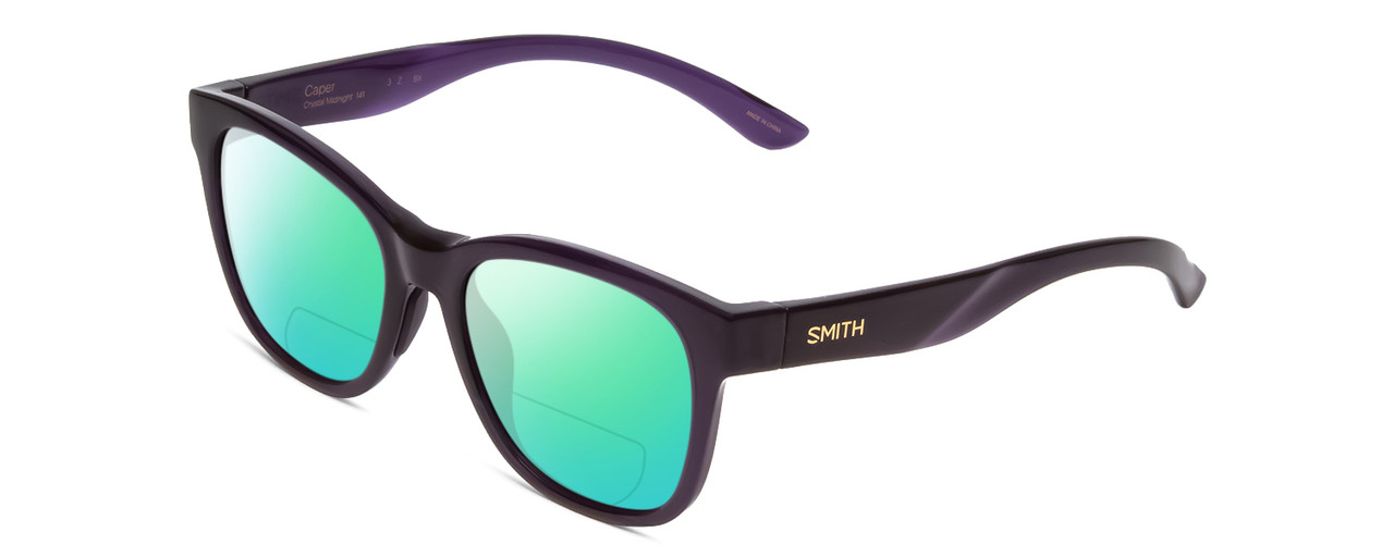 Profile View of Smith Optics Caper Designer Polarized Reading Sunglasses with Custom Cut Powered Green Mirror Lenses in Crystal Midnight Black Purple Ladies Cateye Full Rim Acetate 53 mm