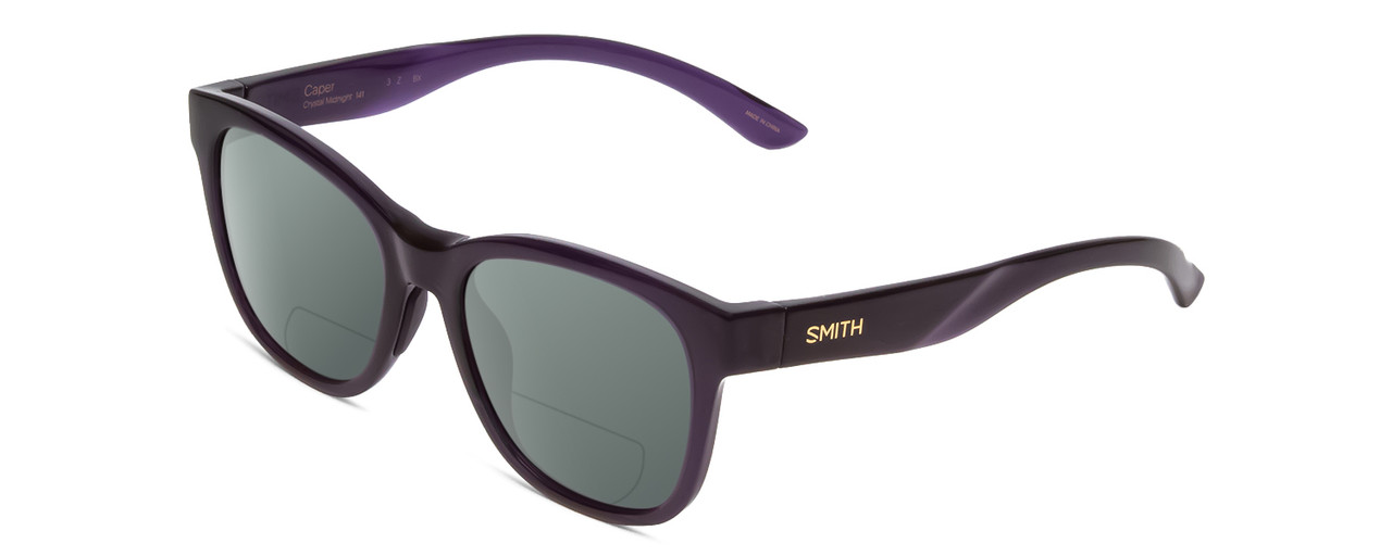 Profile View of Smith Optics Caper Designer Polarized Reading Sunglasses with Custom Cut Powered Smoke Grey Lenses in Crystal Midnight Black Purple Ladies Cateye Full Rim Acetate 53 mm