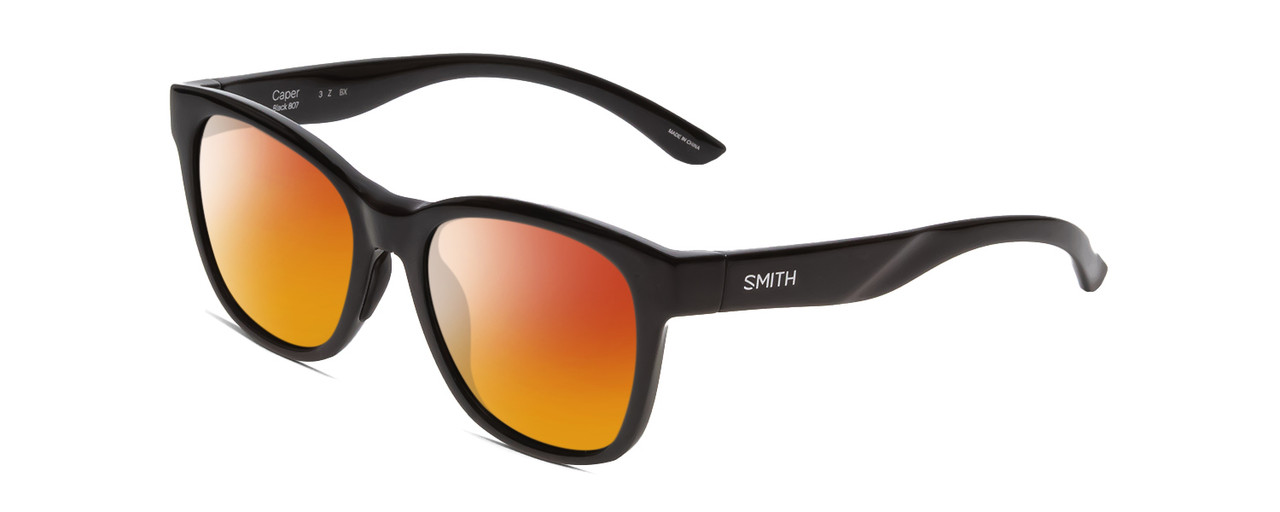 Profile View of Smith Optics Caper Designer Polarized Sunglasses with Custom Cut Red Mirror Lenses in Gloss Black Ladies Cateye Full Rim Acetate 53 mm