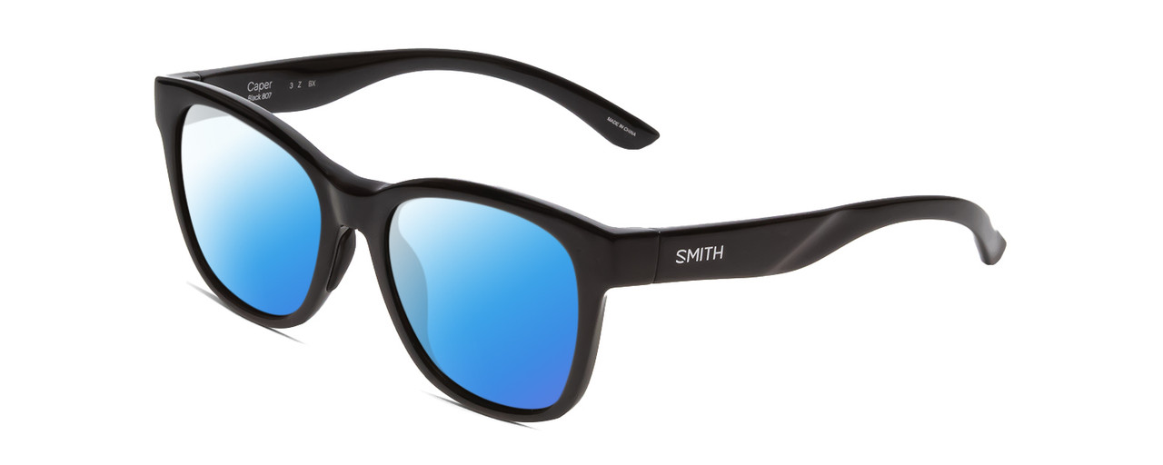 Profile View of Smith Optics Caper Designer Polarized Sunglasses with Custom Cut Blue Mirror Lenses in Gloss Black Ladies Cateye Full Rim Acetate 53 mm
