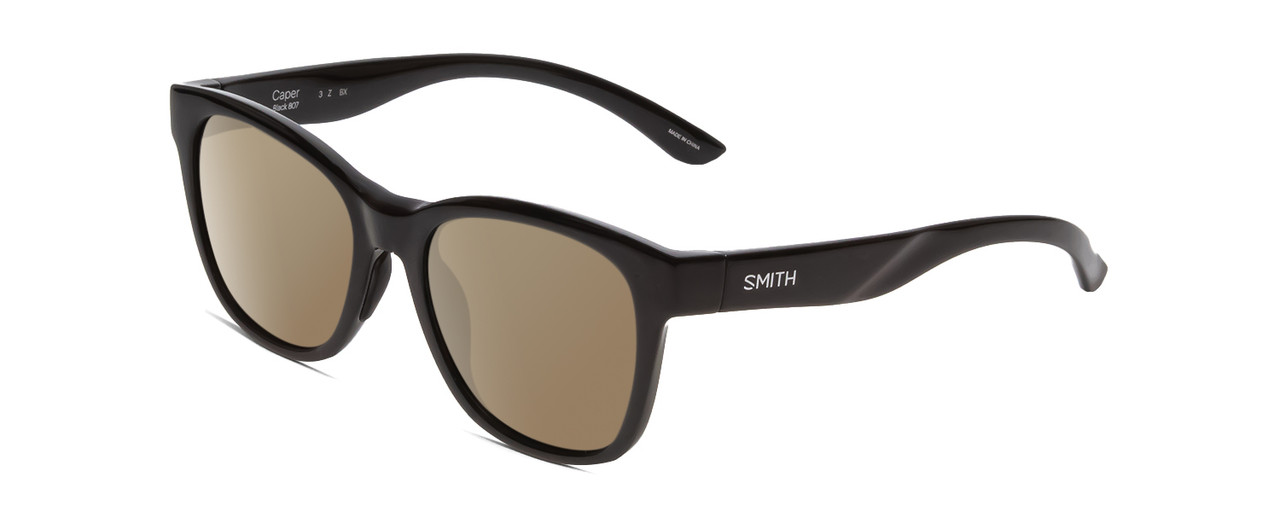 Profile View of Smith Optics Caper Designer Polarized Sunglasses with Custom Cut Amber Brown Lenses in Gloss Black Ladies Cateye Full Rim Acetate 53 mm