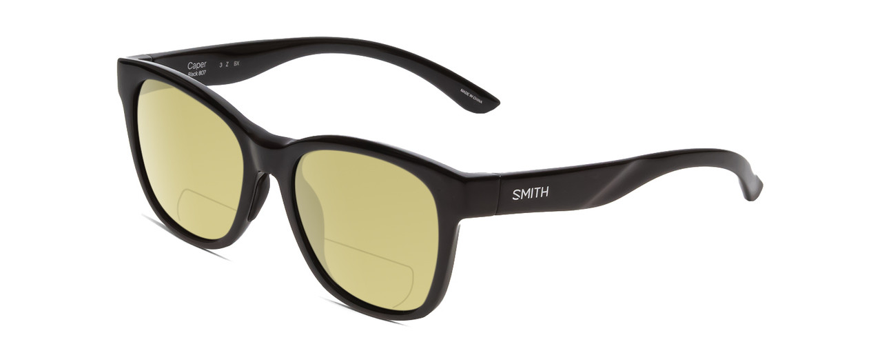 Profile View of Smith Optics Caper Designer Polarized Reading Sunglasses with Custom Cut Powered Sun Flower Yellow Lenses in Gloss Black Ladies Cateye Full Rim Acetate 53 mm