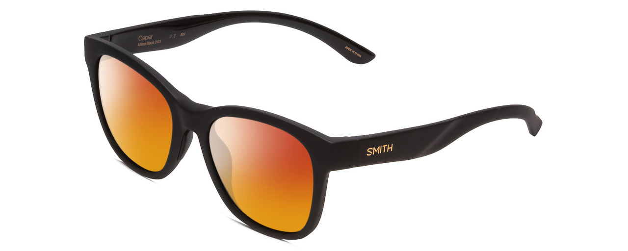 Profile View of Smith Optics Caper Designer Polarized Sunglasses with Custom Cut Red Mirror Lenses in Matte Black Ladies Cateye Full Rim Acetate 53 mm