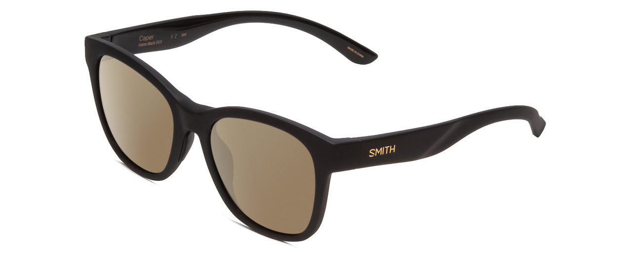 Profile View of Smith Optics Caper Designer Polarized Sunglasses with Custom Cut Amber Brown Lenses in Matte Black Ladies Cateye Full Rim Acetate 53 mm
