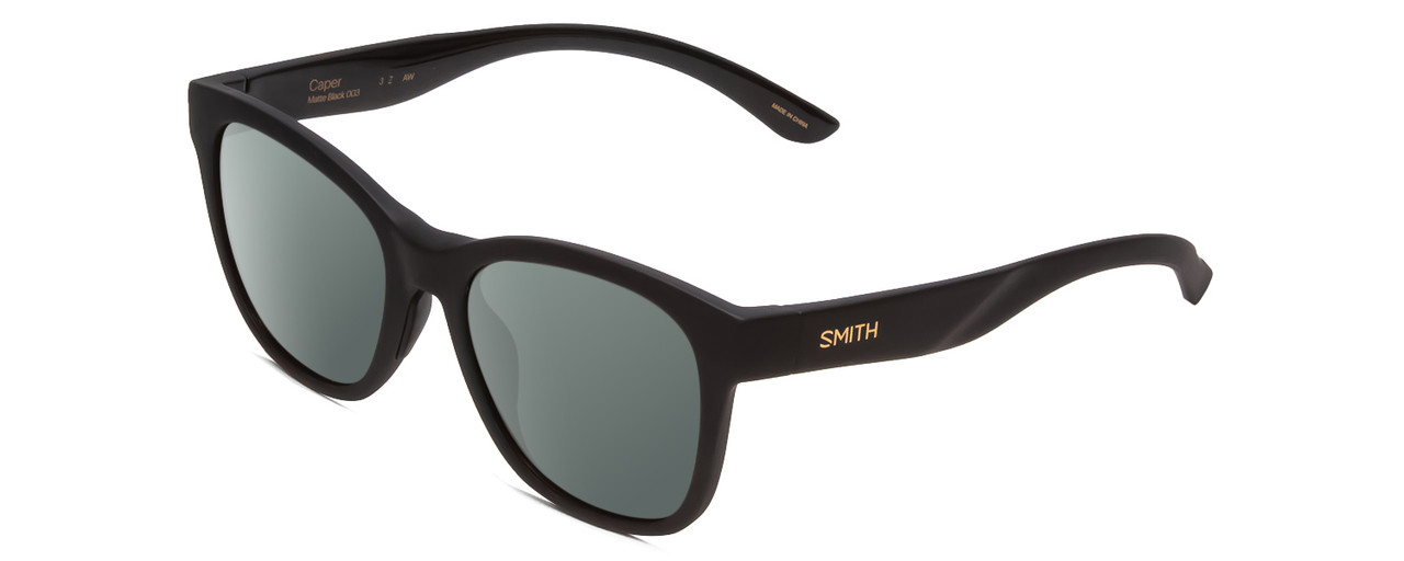 Profile View of Smith Optics Caper Designer Polarized Sunglasses with Custom Cut Smoke Grey Lenses in Matte Black Ladies Cateye Full Rim Acetate 53 mm
