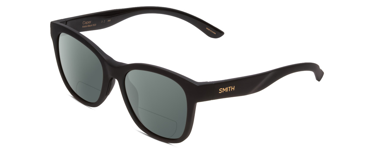 Profile View of Smith Optics Caper Designer Polarized Reading Sunglasses with Custom Cut Powered Smoke Grey Lenses in Matte Black Ladies Cateye Full Rim Acetate 53 mm