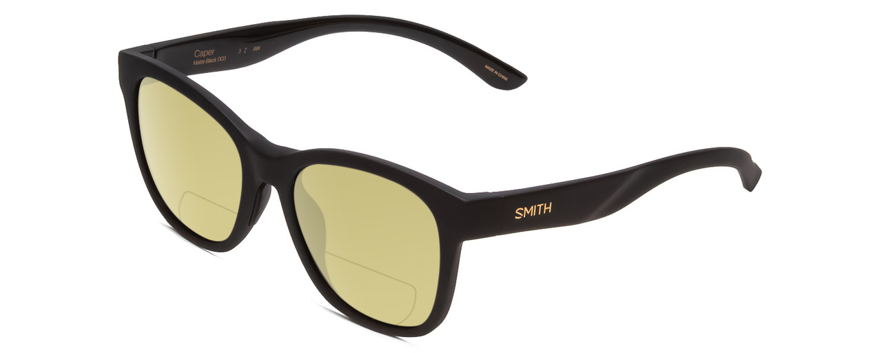 Profile View of Smith Optics Caper Designer Polarized Reading Sunglasses with Custom Cut Powered Sun Flower Yellow Lenses in Matte Black Ladies Cateye Full Rim Acetate 53 mm