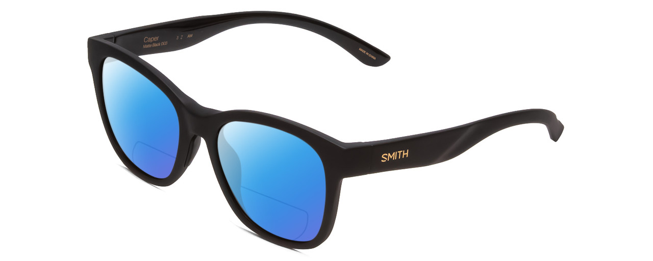 Profile View of Smith Optics Caper Designer Polarized Reading Sunglasses with Custom Cut Powered Blue Mirror Lenses in Matte Black Ladies Cateye Full Rim Acetate 53 mm