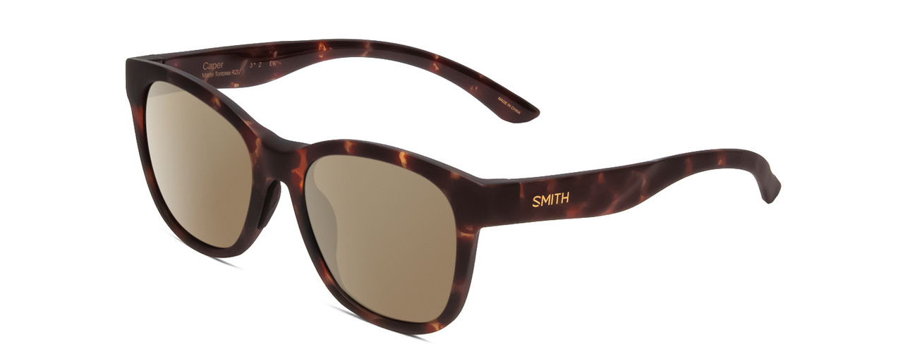 Profile View of Smith Optics Caper Designer Polarized Sunglasses with Custom Cut Amber Brown Lenses in Matte Tortoise Havana Gold Ladies Cateye Full Rim Acetate 53 mm