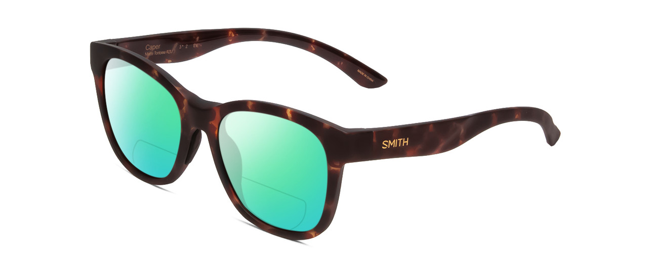 Profile View of Smith Optics Caper Designer Polarized Reading Sunglasses with Custom Cut Powered Green Mirror Lenses in Matte Tortoise Havana Gold Ladies Cateye Full Rim Acetate 53 mm