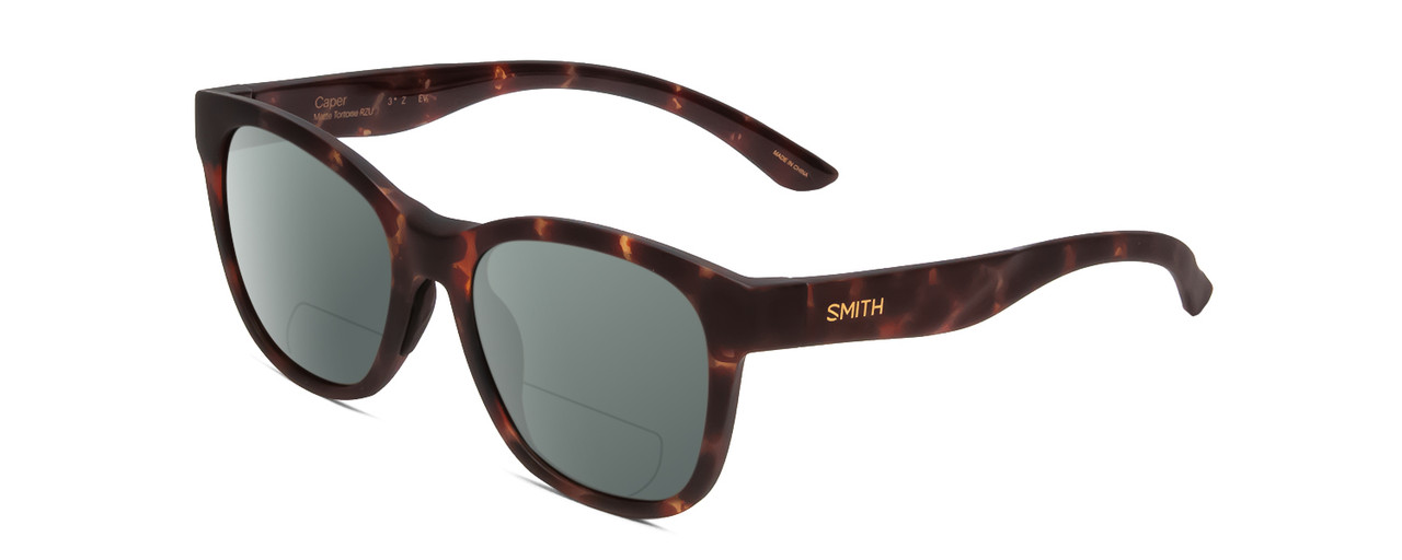 Profile View of Smith Optics Caper Designer Polarized Reading Sunglasses with Custom Cut Powered Smoke Grey Lenses in Matte Tortoise Havana Gold Ladies Cateye Full Rim Acetate 53 mm