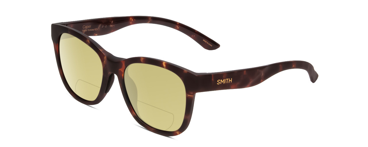 Profile View of Smith Optics Caper Designer Polarized Reading Sunglasses with Custom Cut Powered Sun Flower Yellow Lenses in Matte Tortoise Havana Gold Ladies Cateye Full Rim Acetate 53 mm