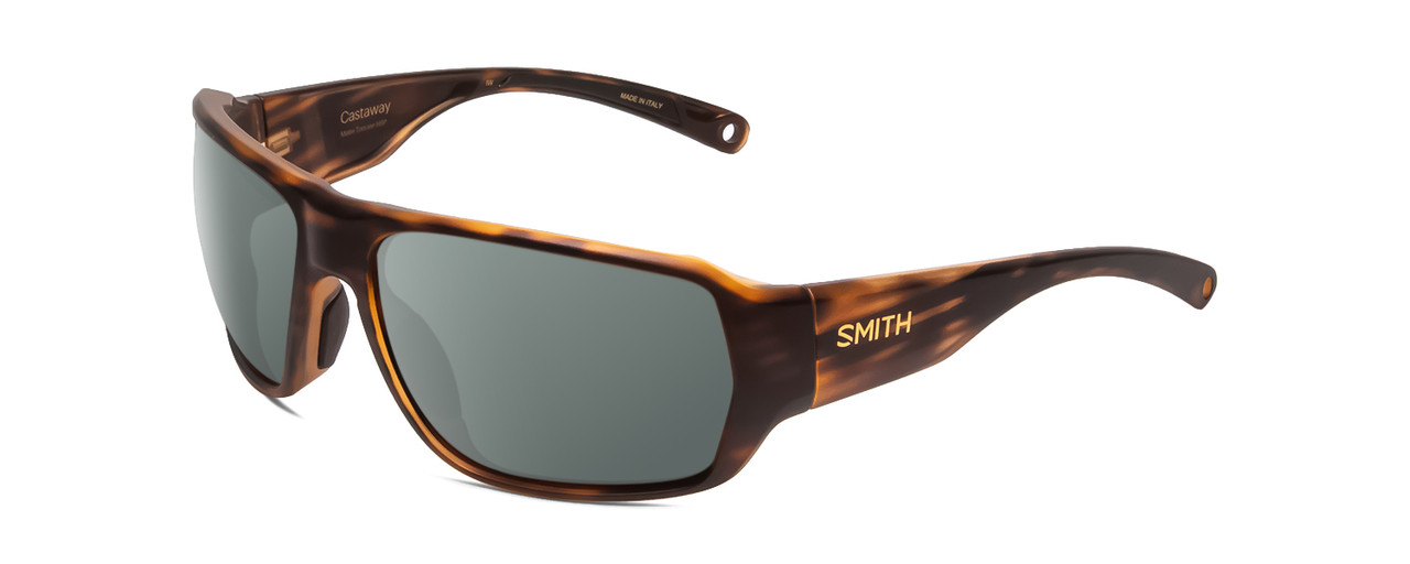 Profile View of Smith Optics Castaway Designer Polarized Sunglasses with Custom Cut Smoke Grey Lenses in Matte Tortoise Havana Gold Unisex Wrap Full Rim Acetate 63 mm