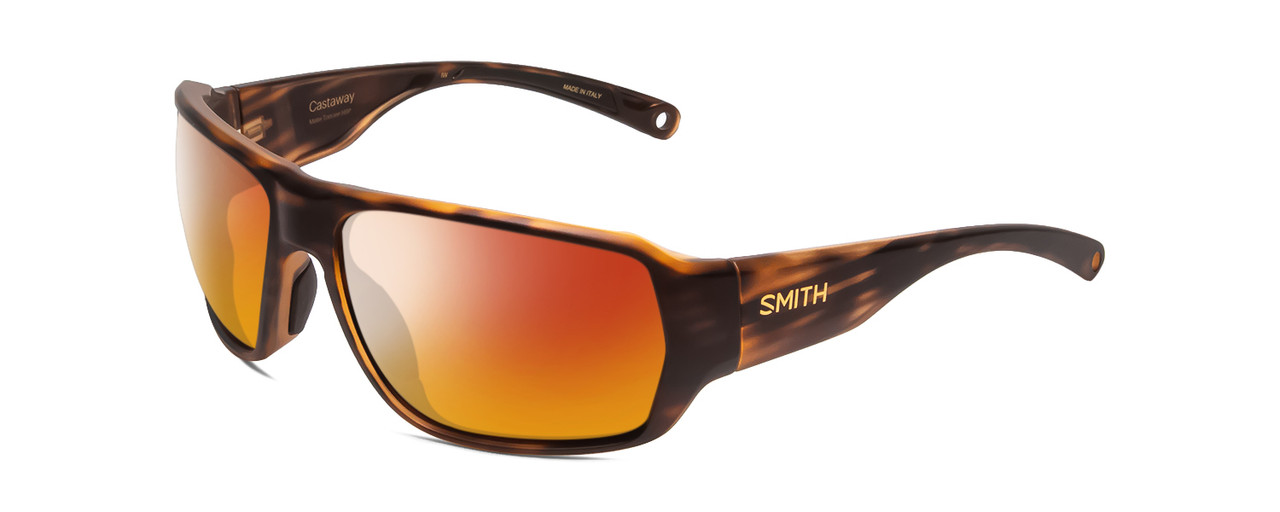 Profile View of Smith Optics Castaway Designer Polarized Sunglasses with Custom Cut Red Mirror Lenses in Matte Tortoise Havana Gold Unisex Wrap Full Rim Acetate 63 mm