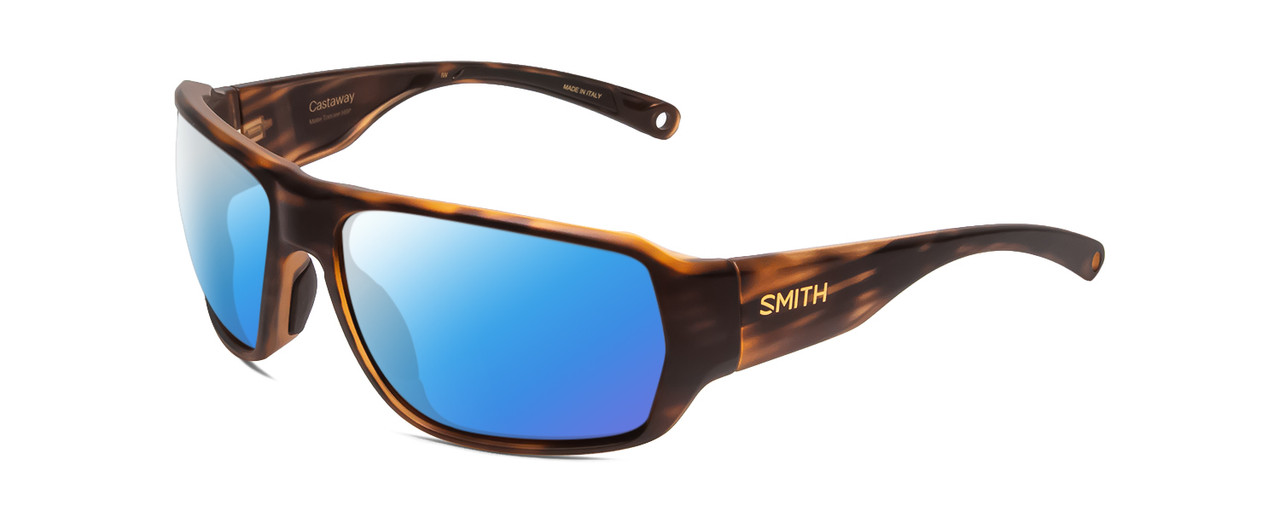 Profile View of Smith Optics Castaway Designer Polarized Sunglasses with Custom Cut Blue Mirror Lenses in Matte Tortoise Havana Gold Unisex Wrap Full Rim Acetate 63 mm
