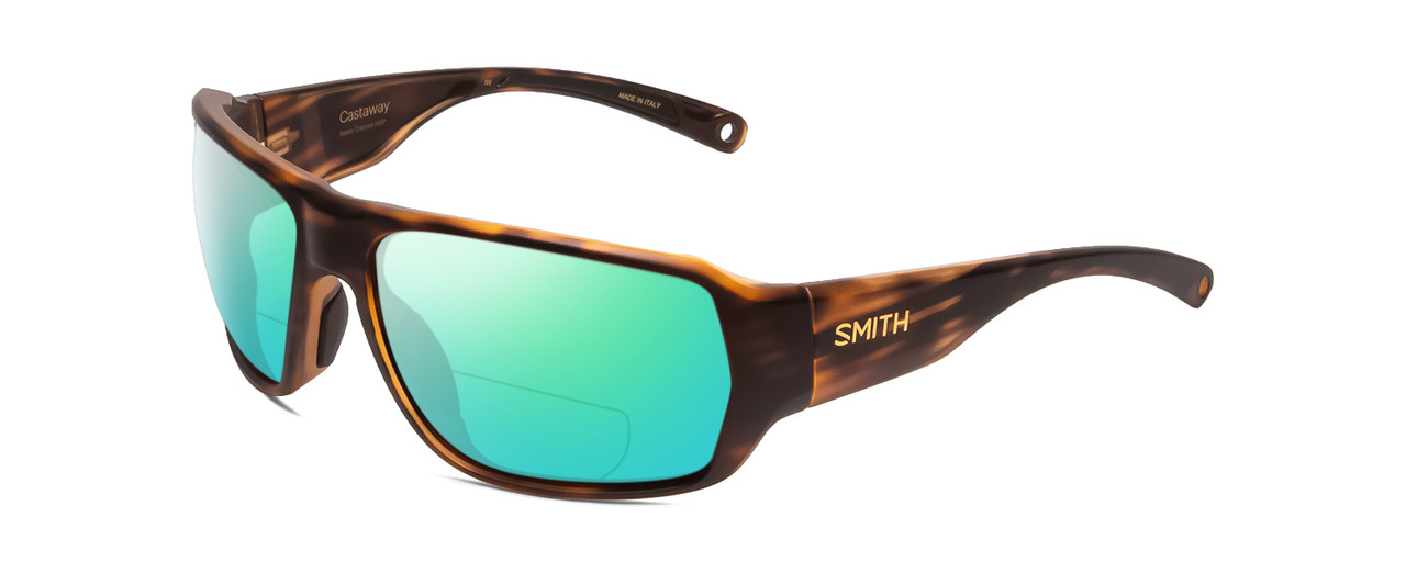 Profile View of Smith Optics Castaway Designer Polarized Reading Sunglasses with Custom Cut Powered Green Mirror Lenses in Matte Tortoise Havana Gold Unisex Wrap Full Rim Acetate 63 mm