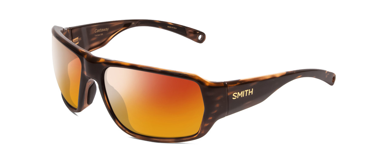 Profile View of Smith Optics Castaway Designer Polarized Sunglasses with Custom Cut Red Mirror Lenses in Tortoise Havana Brown Gold Unisex Wrap Full Rim Acetate 63 mm