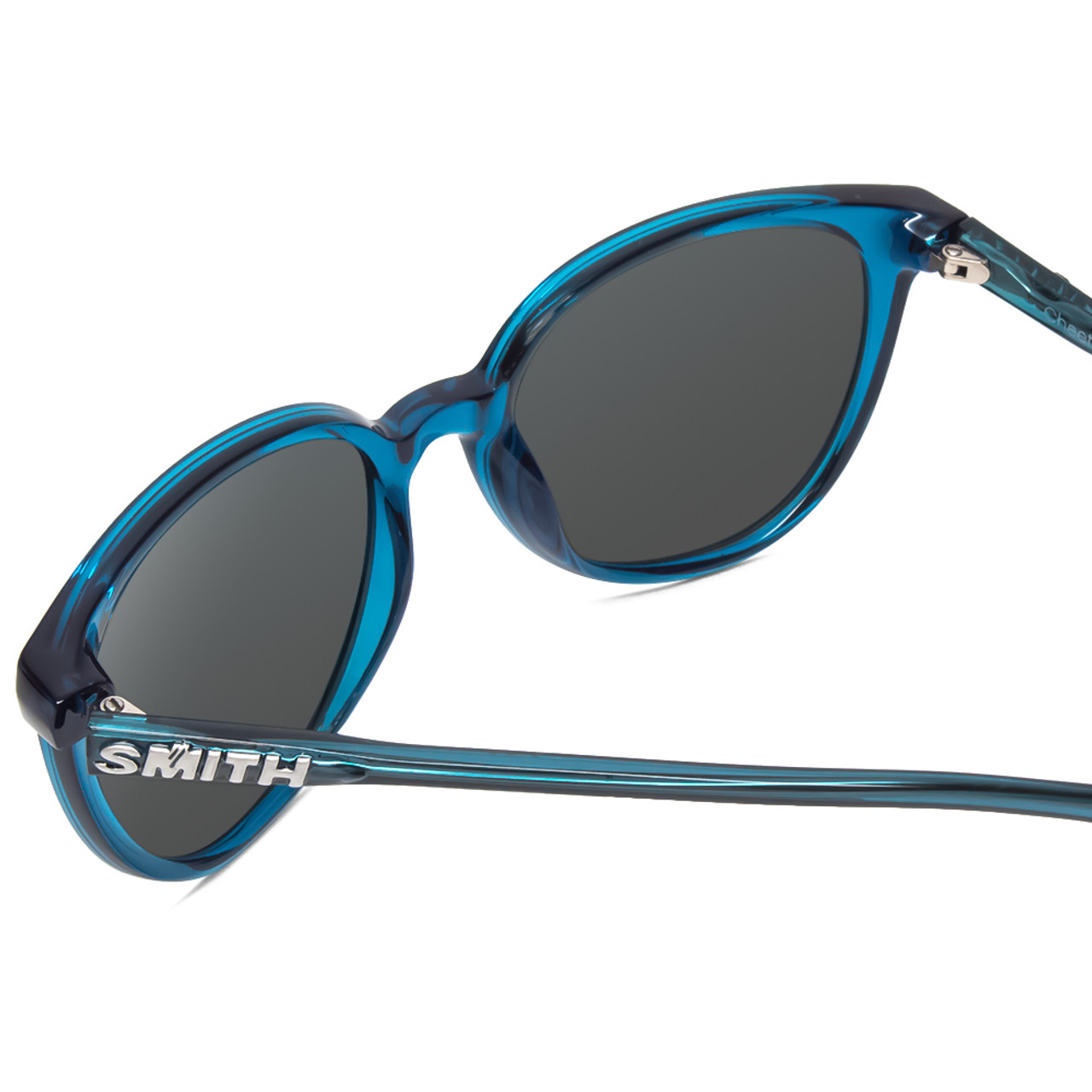 Close Up View of Smith Cheetah Ladies Cateye Sunglasses in Cool Blue Crystal/Polarized Gray 54 mm