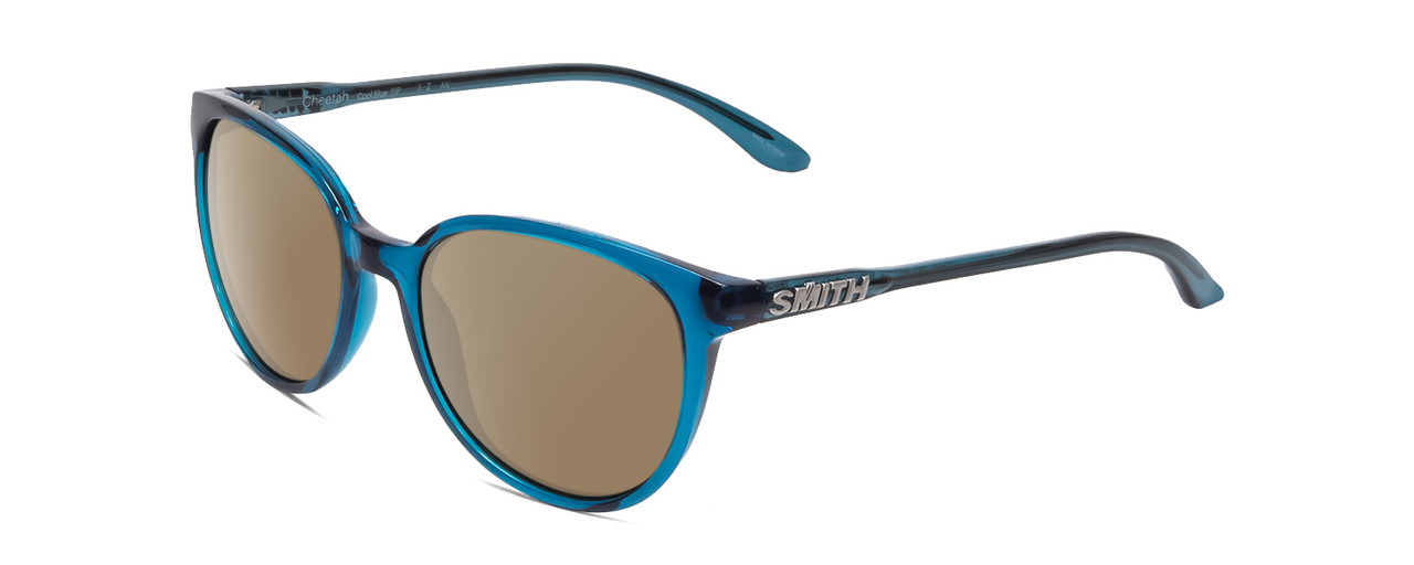 Profile View of Smith Optics Cheetah Designer Polarized Sunglasses with Custom Cut Amber Brown Lenses in Cool Blue Crystal Ladies Cateye Full Rim Acetate 54 mm