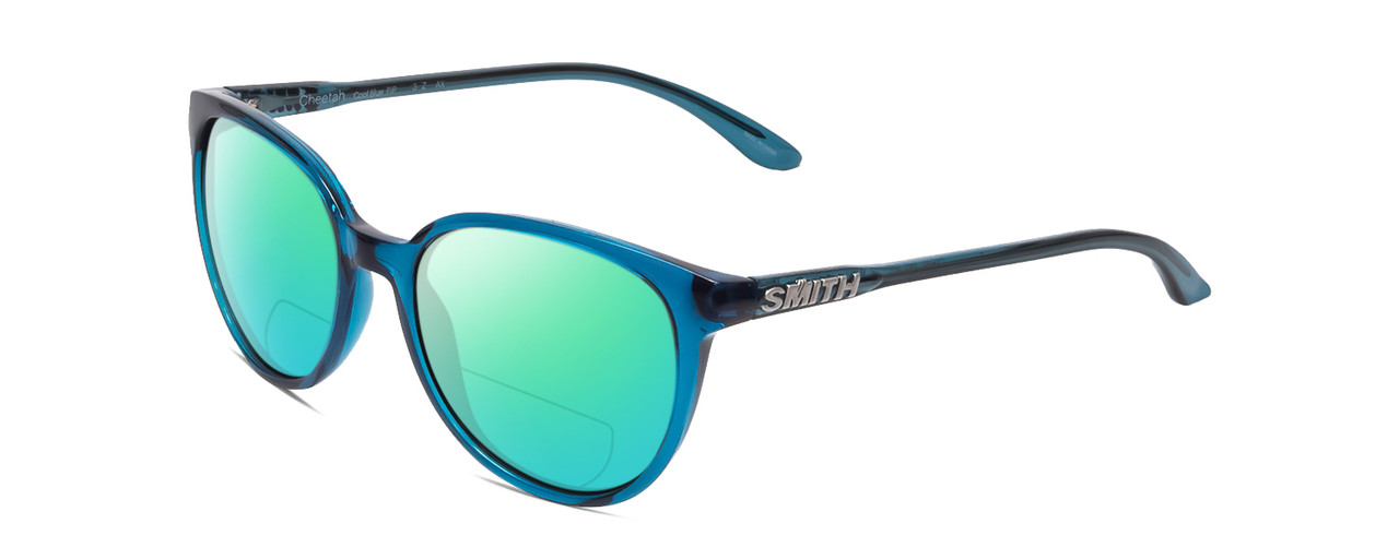Profile View of Smith Optics Cheetah Designer Polarized Reading Sunglasses with Custom Cut Powered Green Mirror Lenses in Cool Blue Crystal Ladies Cateye Full Rim Acetate 54 mm