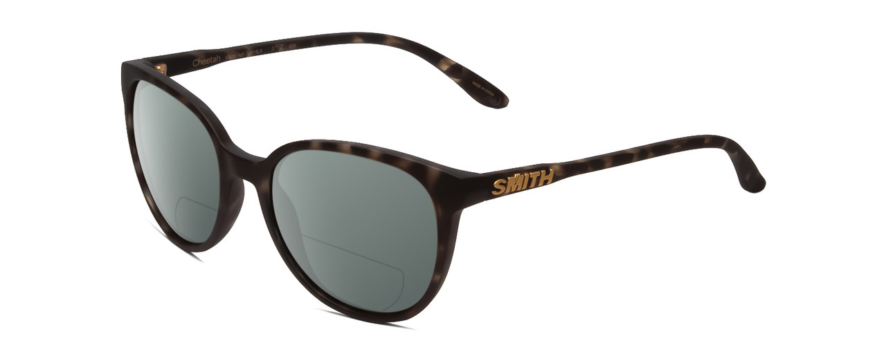 Profile View of Smith Optics Cheetah Designer Polarized Reading Sunglasses with Custom Cut Powered Smoke Grey Lenses in Matte Ash Tortoise Brown Grey Ladies Cateye Full Rim Acetate 54 mm