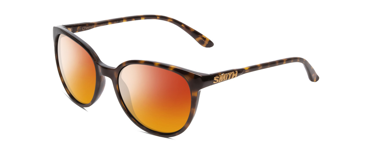 Profile View of Smith Optics Cheetah Designer Polarized Sunglasses with Custom Cut Red Mirror Lenses in Vintage Tortoise Havana Brown Gold Ladies Cateye Full Rim Acetate 54 mm