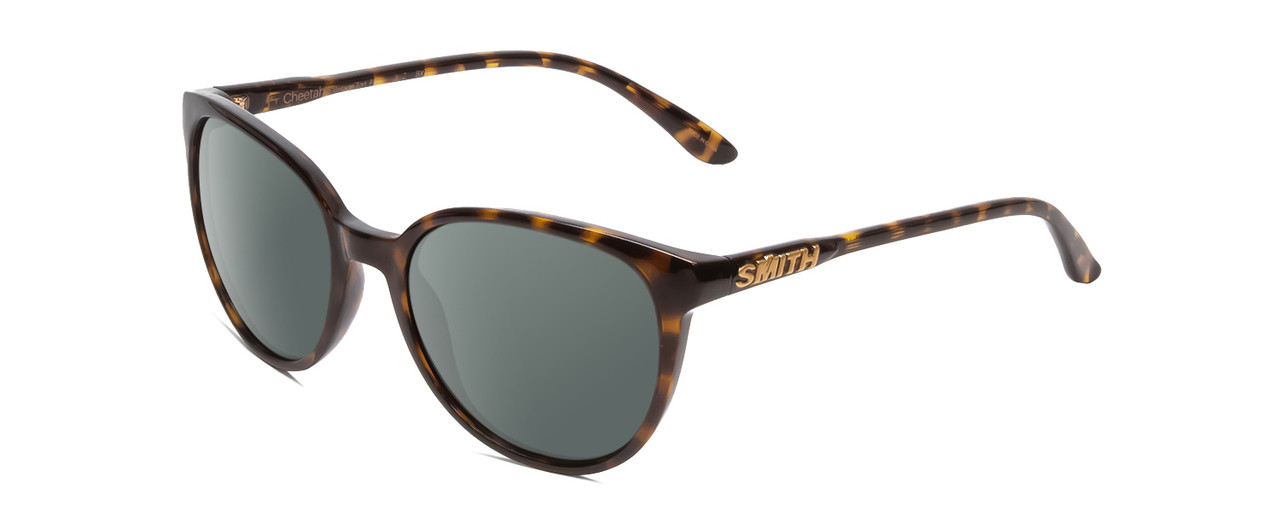 Profile View of Smith Optics Cheetah Designer Polarized Sunglasses with Custom Cut Smoke Grey Lenses in Vintage Tortoise Havana Brown Gold Ladies Cateye Full Rim Acetate 54 mm