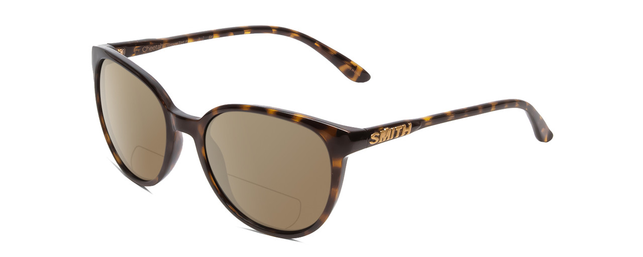 Profile View of Smith Optics Cheetah Designer Polarized Reading Sunglasses with Custom Cut Powered Amber Brown Lenses in Vintage Tortoise Havana Brown Gold Ladies Cateye Full Rim Acetate 54 mm