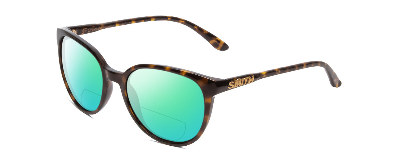 Profile View of Smith Optics Cheetah Designer Polarized Reading Sunglasses with Custom Cut Powered Green Mirror Lenses in Vintage Tortoise Havana Brown Gold Ladies Cateye Full Rim Acetate 54 mm