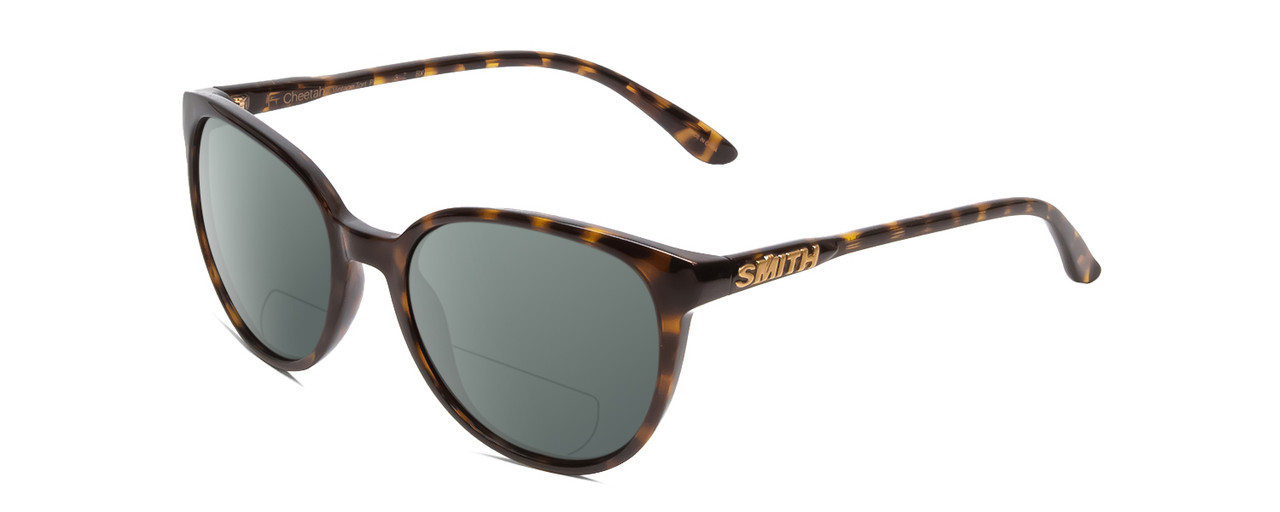 Profile View of Smith Optics Cheetah Designer Polarized Reading Sunglasses with Custom Cut Powered Smoke Grey Lenses in Vintage Tortoise Havana Brown Gold Ladies Cateye Full Rim Acetate 54 mm