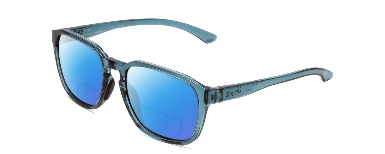 Profile View of Smith Optics Contour Designer Polarized Reading Sunglasses with Custom Cut Powered Blue Mirror Lenses in Crystal Stone Blue Green Unisex Square Full Rim Acetate 56 mm