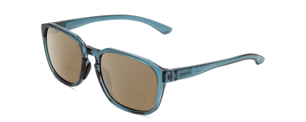 Profile View of Smith Optics Contour Designer Polarized Reading Sunglasses with Custom Cut Powered Amber Brown Lenses in Crystal Stone Blue Green Unisex Square Full Rim Acetate 56 mm