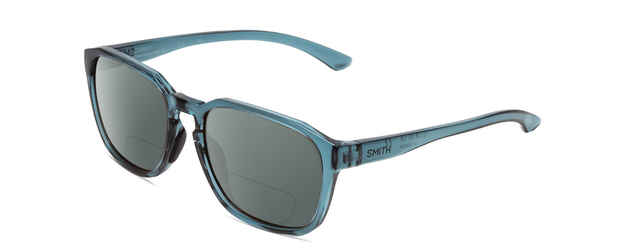 Profile View of Smith Optics Contour Designer Polarized Reading Sunglasses with Custom Cut Powered Smoke Grey Lenses in Crystal Stone Blue Green Unisex Square Full Rim Acetate 56 mm