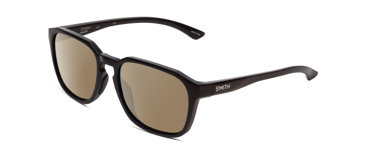 Profile View of Smith Optics Contour Designer Polarized Sunglasses with Custom Cut Amber Brown Lenses in Gloss Black Unisex Square Full Rim Acetate 56 mm