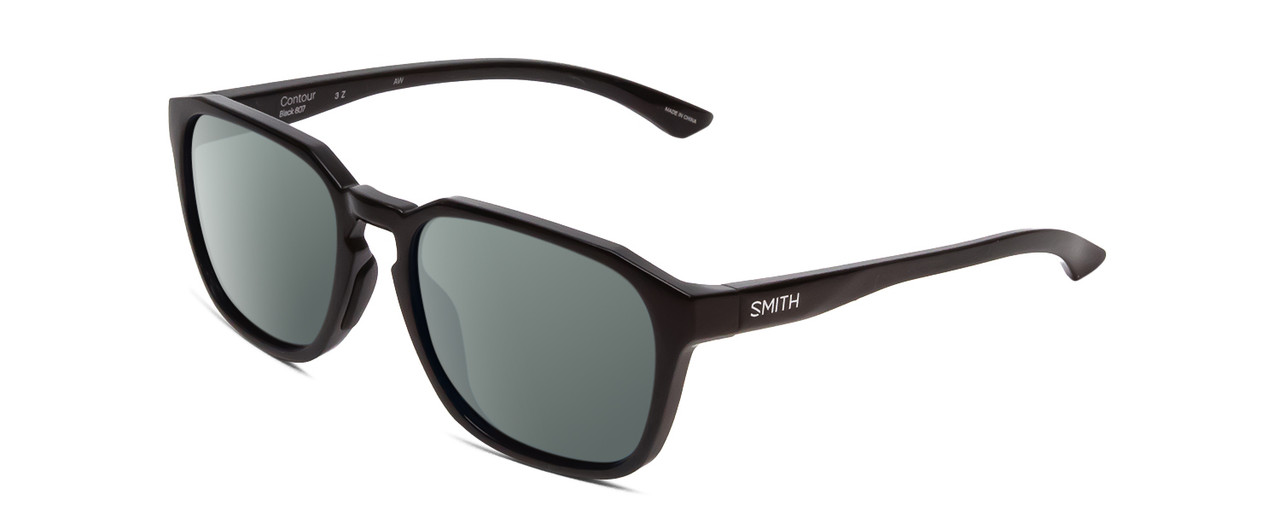 Profile View of Smith Optics Contour Designer Polarized Sunglasses with Custom Cut Smoke Grey Lenses in Gloss Black Unisex Square Full Rim Acetate 56 mm