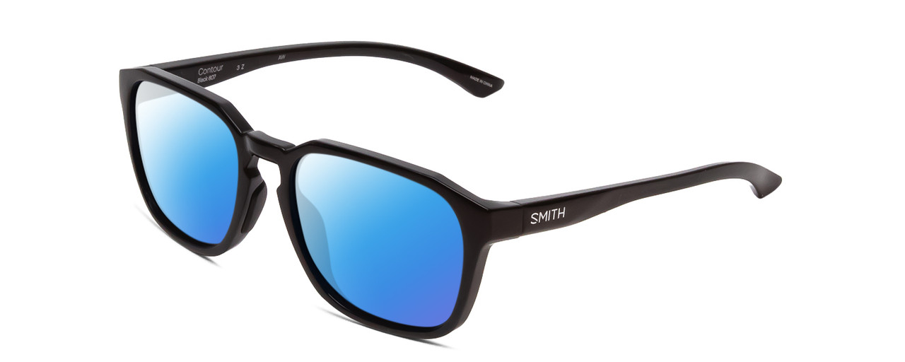 Profile View of Smith Optics Contour Designer Polarized Sunglasses with Custom Cut Blue Mirror Lenses in Gloss Black Unisex Square Full Rim Acetate 56 mm