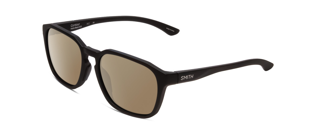 Profile View of Smith Optics Contour Designer Polarized Sunglasses with Custom Cut Amber Brown Lenses in Matte Black Unisex Square Full Rim Acetate 56 mm