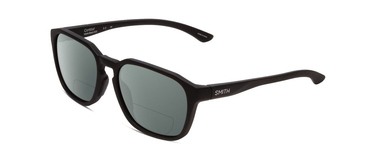 Profile View of Smith Optics Contour Designer Polarized Reading Sunglasses with Custom Cut Powered Smoke Grey Lenses in Matte Black Unisex Square Full Rim Acetate 56 mm