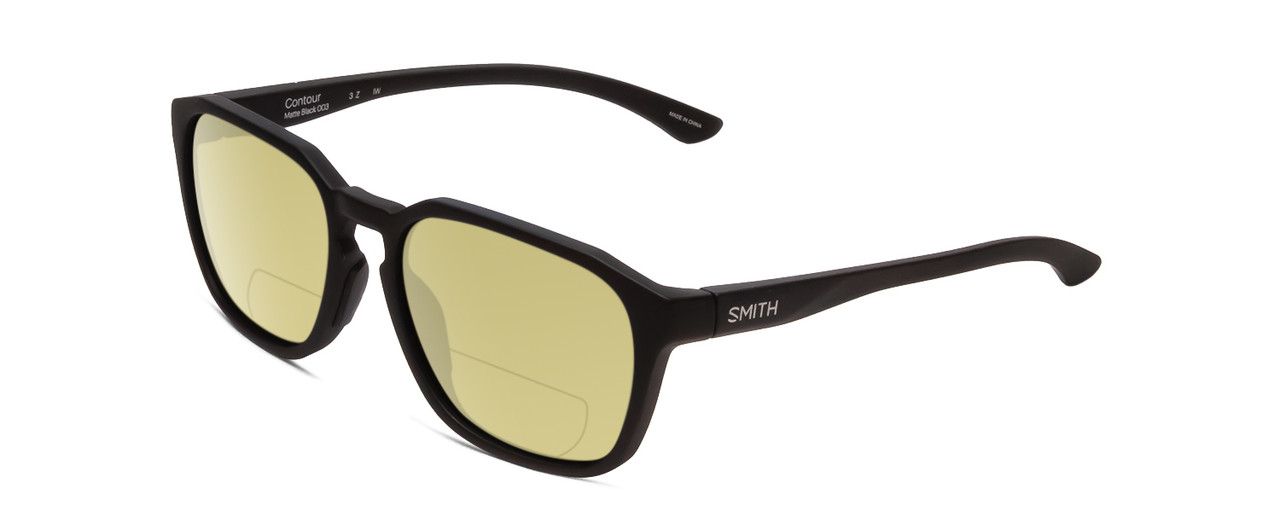 Profile View of Smith Optics Contour Designer Polarized Reading Sunglasses with Custom Cut Powered Sun Flower Yellow Lenses in Matte Black Unisex Square Full Rim Acetate 56 mm