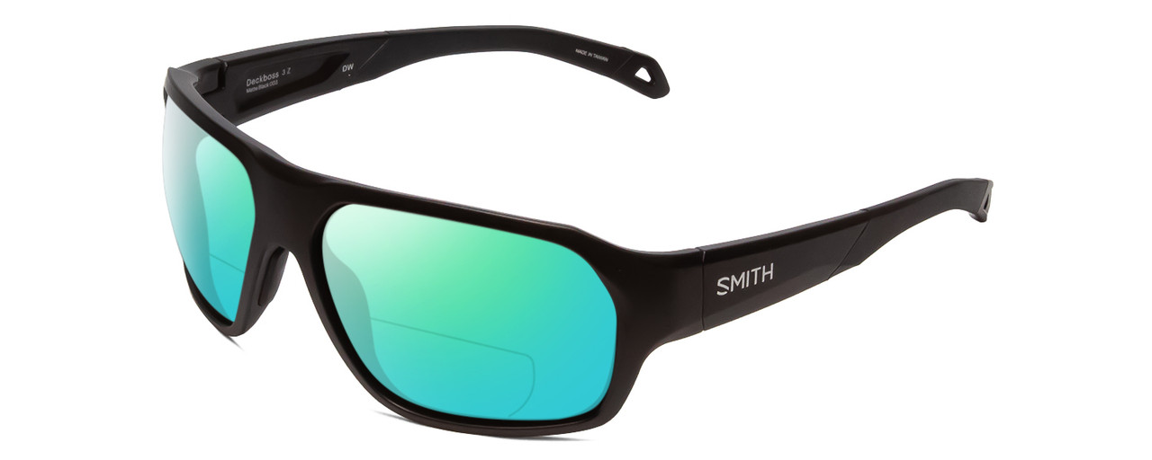 Profile View of Smith Optics Deckboss Designer Polarized Reading Sunglasses with Custom Cut Powered Green Mirror Lenses in Matte Black Unisex Rectangle Full Rim Acetate 63 mm