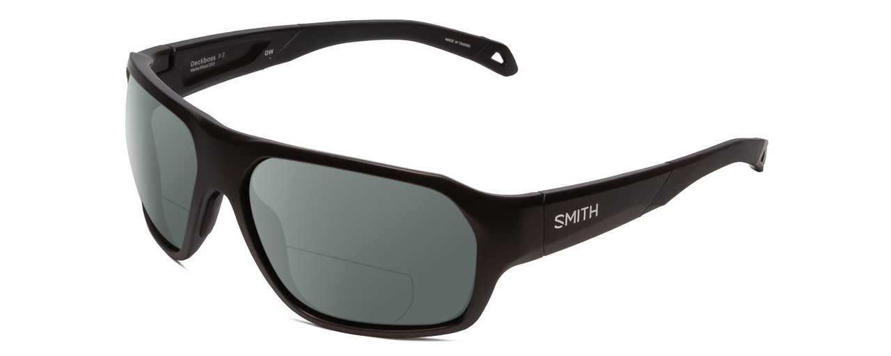 Profile View of Smith Optics Deckboss Designer Polarized Reading Sunglasses with Custom Cut Powered Smoke Grey Lenses in Matte Black Unisex Rectangle Full Rim Acetate 63 mm