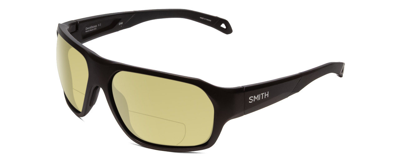 Profile View of Smith Optics Deckboss Designer Polarized Reading Sunglasses with Custom Cut Powered Sun Flower Yellow Lenses in Matte Black Unisex Rectangle Full Rim Acetate 63 mm