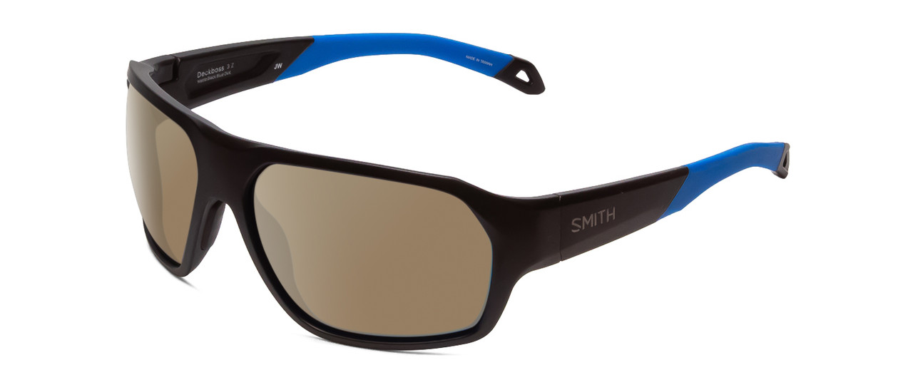 Profile View of Smith Optics Deckboss Designer Polarized Sunglasses with Custom Cut Amber Brown Lenses in Matte Black Blue Unisex Rectangle Full Rim Acetate 63 mm