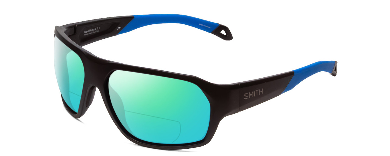 Profile View of Smith Optics Deckboss Designer Polarized Reading Sunglasses with Custom Cut Powered Green Mirror Lenses in Matte Black Blue Unisex Rectangle Full Rim Acetate 63 mm